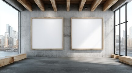 Two large blank canvases in simple wooden frames hang on a concrete wall in a spacious, loft-style room with expansive windows showcasing a city skyline view; natural light streams in