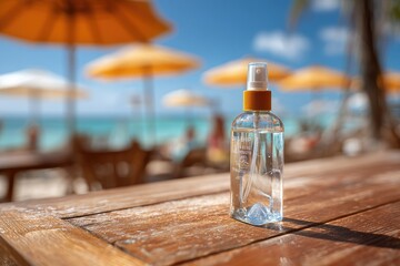 A clear spray bottle sits on a weathered wooden beachside table,  with blurred background of beach umbrellas, turquoise water, and sunbathers