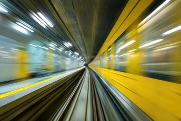 A high-speed train, yellow and blurred, rushes through a dark subway tunnel, lights streaking past.  Perspective emphasizes speed and movement