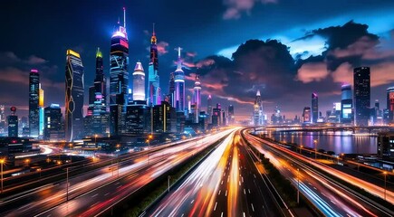 Futuristic cityscape night highway traffic lights - Powered by Adobe