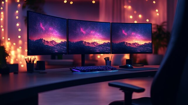 Triple monitor setup displaying a nebula landscape on a desk with a keyboard and string lights - Powered by Adobe