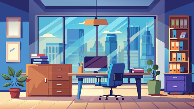 Illustration of an office interior with a city view