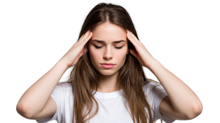 Young woman expressing discomfort, touching her temples, and closing her eyes.