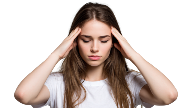 Young woman expressing discomfort, touching her temples, and closing her eyes.