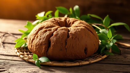 A baked ring cake on a wicker plate with green leaves against a wooden background in soft lighting