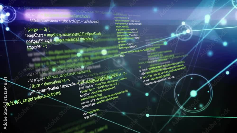 Poster Dark void initiating neon network pulsing nodes and yellow-green code floating showing data flow