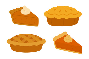 Vector illustration of whole pies and pie slices with crust and cream, isolated on white background.