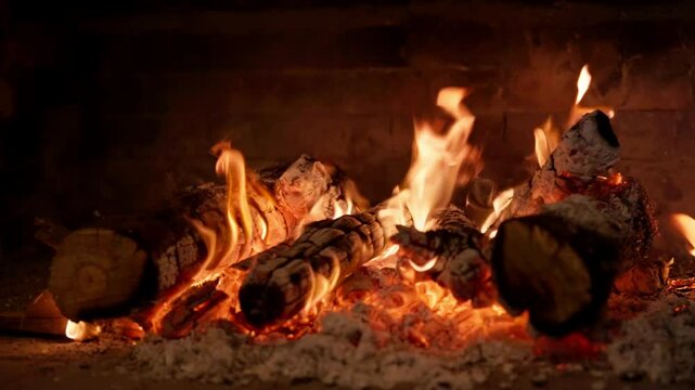 Сloseup of a fire burning in a fireplace