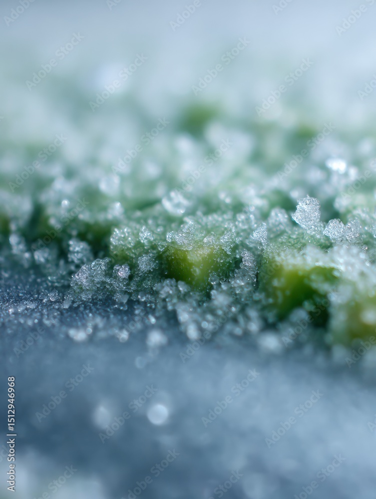 Poster macro capturing frost particles on frozen vegetable pack revealing intricate details of ice formatio