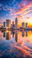 Fototapeta premium Soft pink light fades over cityscape as morning sun rises over downtown Tampa skyline with gentle lake reflections creating a serene atmosphere