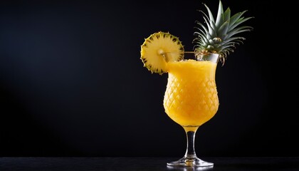 A glass of pineapple juice with a slice of pineapple on the rim.