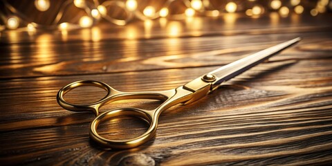High-end golden scissors lying on a sleek wooden surface