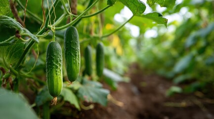 Obraz premium Lush green cucumbers hang from vibrant vines in a greenhouse, showcasing their healthy growth amongst broad leaves and rich soil