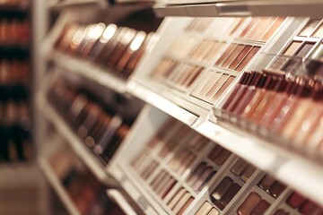 Makeup products displayed on shelves in a cosmetic store. Vibrant beauty assortment with eyeshadow, lipstick, and palettes. Stylish, modern visual for fashion, lifestyle, and retail themes.

