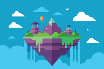 Naklejka premium Fantasy Floating Island with Waterfalls and Mountains – Flat Vector Illustration