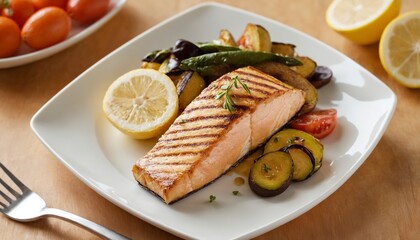 A white plate topped with a piece of salmon and vegetables.