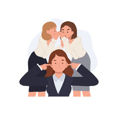 office gossip concept. Three women in an office, two gossiping while one blocks her ears in frustration. vector illustration