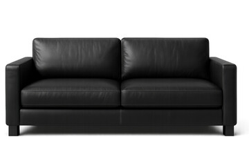 Black leather sofa resting against transparent backdrop, highlighting contemporary furniture design with sleek minimalist appeal