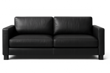 Black leather sofa resting against transparent backdrop, highlighting contemporary furniture design with sleek minimalist appeal