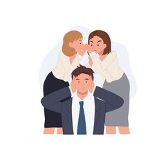 Office gossip concept. two women and a man covering ears portraying coworker conflict and office communication