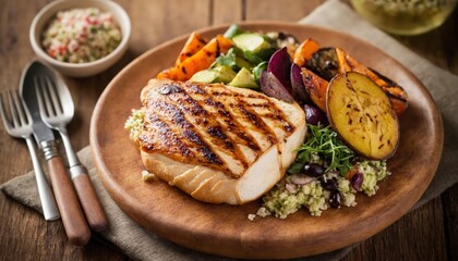 A wooden plate topped with meat and vegetables.