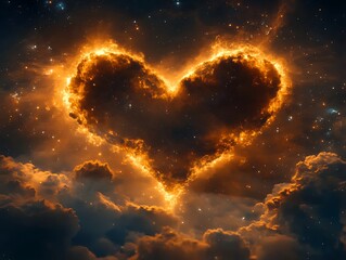 Fiery heart-shaped cloud in night sky