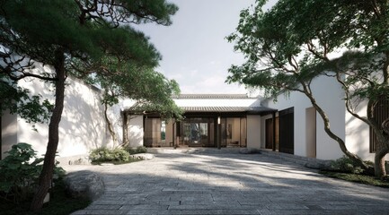 Obraz premium A serene courtyard house, minimalist white walls, stone paving, shaded by lush green trees, tranquil atmosphere, featuring traditional Asian architectural elements