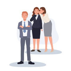 gossip office female employees whisper secret in front of angry boss .workplace drama concept