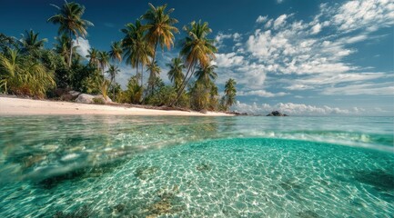 Fototapeta premium Idyllic tropical beach scene with crystal-clear turquoise water lapping a white sand shore, fringed by lush palm trees under a vibrant blue sky dotted with fluffy white clouds