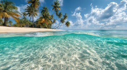 Fototapeta premium Idyllic tropical beach scene, half above and half below the crystal-clear turquoise water, showing white sand, palm trees, and a vibrant blue sky with fluffy clouds