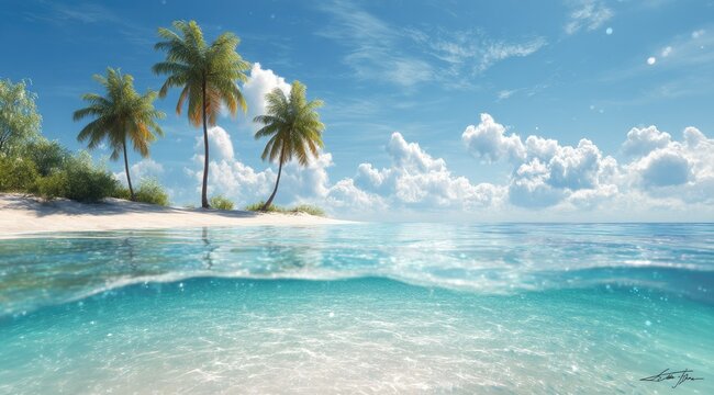 Idyllic tropical scene three palm trees on a small, sandy island emerge from crystal-clear turquoise water under a vibrant blue sky dotted with fluffy white clouds