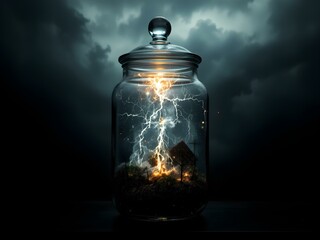 Storm in a Jar: A miniature house is engulfed by a dramatic lightning storm trapped inside a glass jar, creating a surreal and captivating image.