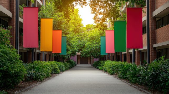 Colorful banners hanging along a tree-lined pathway on a university campus, creating a welcoming atmosphere
