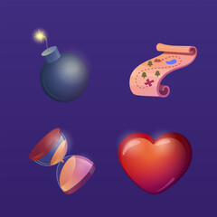2D game design asset pack, fully editable and customizable which includes icons like bomb, map, hourglass and heart