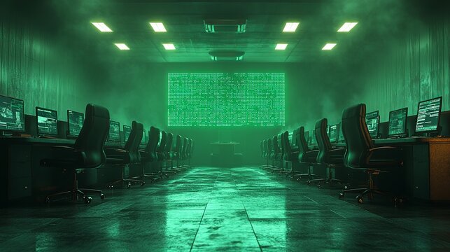 Illuminated room filled with rows of computers and chairs under a green light with a large screen display