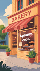 Flat Design Bakery Storefront Illustration with “Opening Soon” Sign, Warm Pastel Colors, and Displayed Pastries in a Cozy Afternoon Setting