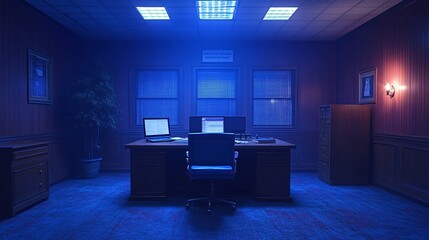 Interior of dimly lit office space with desk chair computers and blinds in blue toned lighting