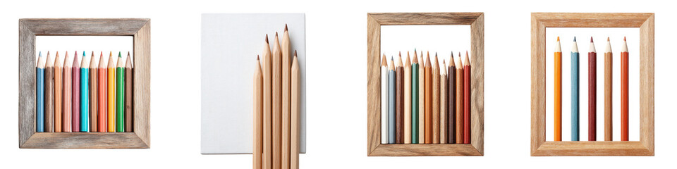Fototapeta premium Colorful, organized pencils in wooden frames showcasing creative tools, ideal for art projects, with tones reflecting artistic flair and vibrant hues