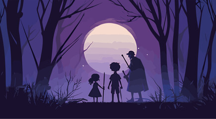 Naklejka premium Silhouettes of two children and an adult against a mystical moonlit forest.