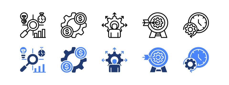 Efficiency icon set with Methodology, Cost, Capacity, Effectiveness, Time Efficiency.