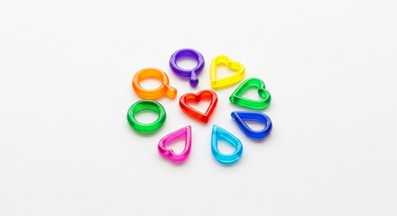 Vibrant Rainbow Collection of Colorful Heart, Gender Symbol, and Teardrop Shapes Arranged in a Circle on White Background