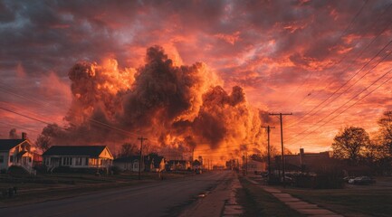 Fiery sunset illuminates a residential street, casting an orange glow on houses and power lines as a massive, dark cloud formation dominates the sky