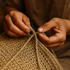Hands Crafting a Natural Fiber Woven Textile Up Close