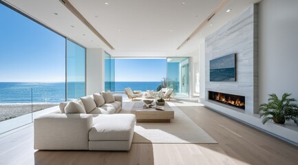 Fototapeta premium Modern coastal living room with expansive ocean views, featuring a large sectional sofa, low coffee table, fireplace, and minimalist decor. Sunlight streams through floor-to-ceiling windows