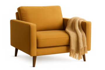 Mustard yellow armchair featuring soft knitted blanket, minimalist design, clean transparent background ideal for home decor visualization