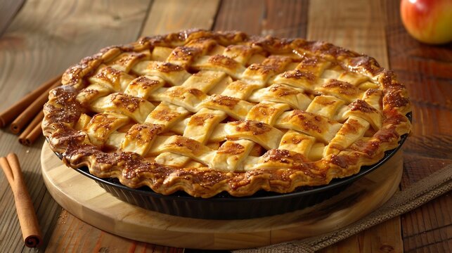 Freshly baked apple pie with a golden lattice crust placed on a rustic wooden table with cinnamon sticks nearby