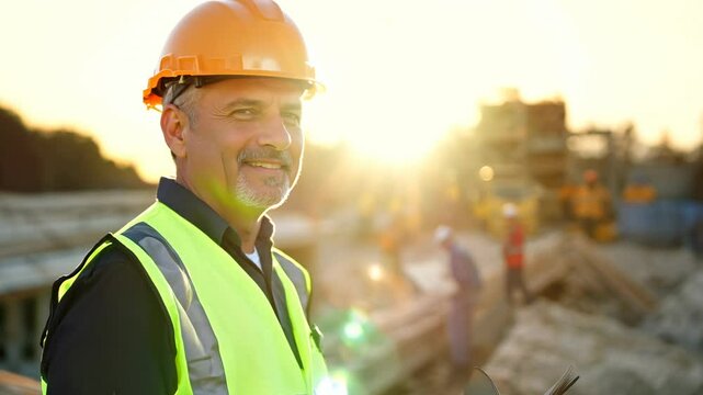 Smiling middle aged Caucasian male supervisor with clipboard on construction site. A cheerful attitude shines through as he leads his team, boosting morale and productivity.