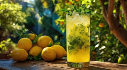 Refreshing yellow citrus beverage in tall glass with ice and mint garnished sits on wooden surface outdoors amidst lemon tree backdrop
