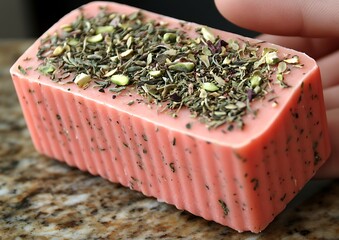 Pink soap with herbs and nuts