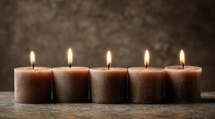 Five lit brown pillar candles arranged in a row on a dark surface against a mottled brown background.  The candles are similar in size and burn evenly